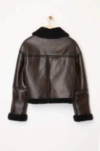 TRENDYOLMİLLA Brown Oversized Pattern Plush Detailed Biker Jacket Coat - Image 12