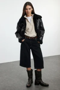 TRENDYOLMİLLA Brown Oversized Pattern Plush Detailed Biker Jacket Coat - Image 4