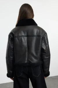 TRENDYOLMİLLA Brown Oversized Pattern Plush Detailed Biker Jacket Coat - Image 8