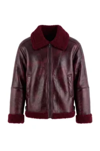 TRENDYOLMİLLA Burgundy Oversized Pattern Plush Detailed Biker Jacket Coat