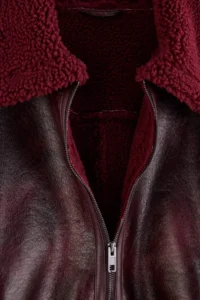 TRENDYOLMİLLA Burgundy Oversized Pattern Plush Detailed Biker Jacket Coat - Image 2