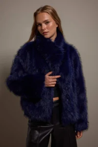 TRENDYOLMİLLA NAVY BLUE Oversized Pattern Fur Coat