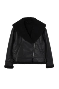 TRENDYOLMİLLA Black Oversized Pattern Plush Detailed Faux Leather Biker Jacket Coat - Image 6