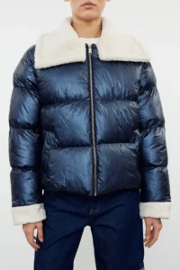 TRENDYOLMİLLA NAVY BLUE Collar Plush and Belt Detailed Shiny Water Repellent Puffer Jacket Coat - Image 3