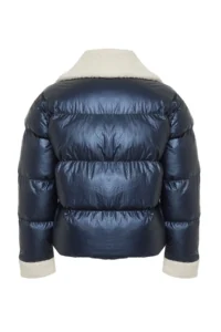 TRENDYOLMİLLA NAVY BLUE Collar Plush and Belt Detailed Shiny Water Repellent Puffer Jacket Coat - Image 7