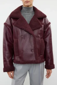 TRENDYOLMİLLA Burgundy Plush Detailed Faux Leather Biker Jacket Coat - Image 11