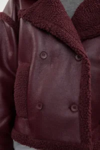 TRENDYOLMİLLA Burgundy Plush Detailed Faux Leather Biker Jacket Coat - Image 12