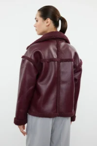 TRENDYOLMİLLA Burgundy Plush Detailed Faux Leather Biker Jacket Coat - Image 13