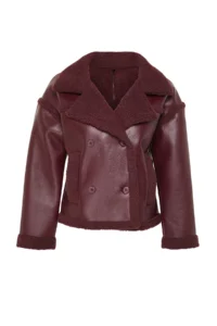 TRENDYOLMİLLA Burgundy Plush Detailed Faux Leather Biker Jacket Coat - Image 14