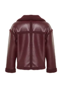 TRENDYOLMİLLA Burgundy Plush Detailed Faux Leather Biker Jacket Coat - Image 15