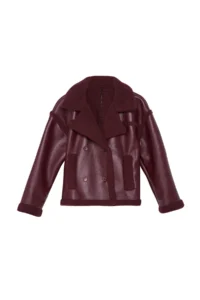 TRENDYOLMİLLA Burgundy Plush Detailed Faux Leather Biker Jacket Coat - Image 16
