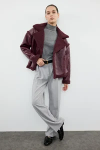 TRENDYOLMİLLA Burgundy Plush Detailed Faux Leather Biker Jacket Coat - Image 18