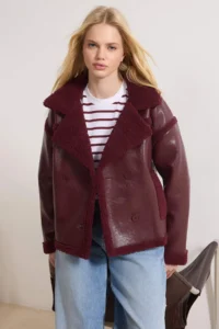 TRENDYOLMİLLA Burgundy Plush Detailed Faux Leather Biker Jacket Coat - Image 2