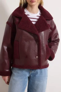 TRENDYOLMİLLA Burgundy Plush Detailed Faux Leather Biker Jacket Coat - Image 3