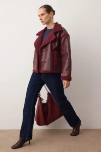 TRENDYOLMİLLA Burgundy Plush Detailed Faux Leather Biker Jacket Coat - Image 5