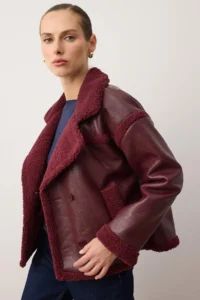 TRENDYOLMİLLA Burgundy Plush Detailed Faux Leather Biker Jacket Coat - Image 6