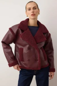 TRENDYOLMİLLA Burgundy Plush Detailed Faux Leather Biker Jacket Coat - Image 7