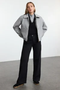 TRENDYOLMİLLA Gray Regular Pattern Bowl Thin Jacket Coat - Image 2