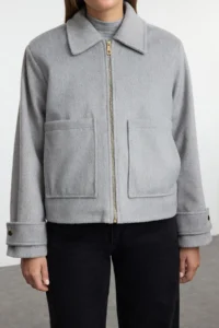 TRENDYOLMİLLA Gray Regular Pattern Bowl Thin Jacket Coat - Image 3
