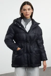 TRENDYOLMİLLA Black Oversized Hooded Goose Down Puffer Jacket Coat - Image 2