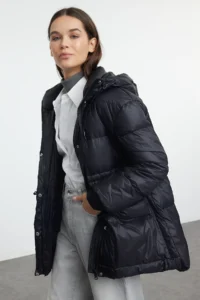 TRENDYOLMİLLA Black Oversized Hooded Goose Down Puffer Jacket Coat - Image 3