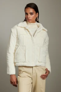 TRENDYOLMİLLA Ecru Oversized Pattern Inside Quilted Detailed Plush Jacket Coat - Image 2
