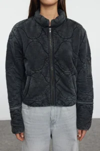TRENDYOLMİLLA Anthracite Oversized Pattern Washable Cotton Quilted Puffer Jacket Coat - Image 4