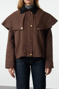 TRENDYOLMİLLA Brown Shoulder and Collar Detailed cloaked Oversized Thin Jacket Coat - Image 4