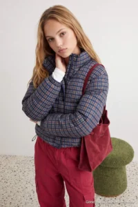 TRENDYOLMİLLA NAVY BLUE Plaid Patterned Oversized Pattern Puffer Jacket Coat