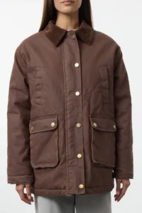 TRENDYOLMİLLA Brown Regular Pattern Fibrous Waxed Gabardine Collar Velvet Plaid Lined Coat - Image 4