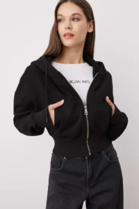 TRENDYOLMİLLA Black Regular/Normal Pattern Hooded Thick Knitting Cardigan/Sweatshirt with Fleece inside - Image 2