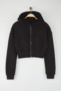 TRENDYOLMİLLA Black Regular/Normal Pattern Hooded Thick Knitting Cardigan/Sweatshirt with Fleece inside - Image 5