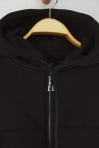 TRENDYOLMİLLA Black Regular/Normal Pattern Hooded Thick Knitting Cardigan/Sweatshirt with Fleece inside - Image 6