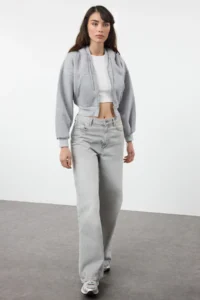 TRENDYOLMİLLA Gray Melange Regular/Normal Pattern Hooded Thick Knitting Cardigan/Sweatshirt with Fleece inside