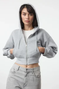 TRENDYOLMİLLA Gray Melange Regular/Normal Pattern Hooded Thick Knitting Cardigan/Sweatshirt with Fleece inside - Image 2