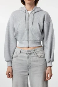 TRENDYOLMİLLA Gray Melange Regular/Normal Pattern Hooded Thick Knitting Cardigan/Sweatshirt with Fleece inside - Image 4