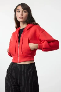 TRENDYOLMİLLA Red Regular/Normal Pattern Hooded Thick Knitting Cardigan/Sweatshirt with Fleece inside