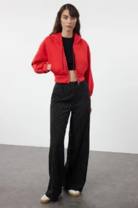 TRENDYOLMİLLA Red Regular/Normal Pattern Hooded Thick Knitting Cardigan/Sweatshirt with Fleece inside - Image 2