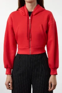 TRENDYOLMİLLA Red Regular/Normal Pattern Hooded Thick Knitting Cardigan/Sweatshirt with Fleece inside - Image 4