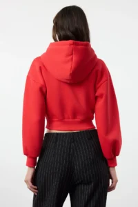 TRENDYOLMİLLA Red Regular/Normal Pattern Hooded Thick Knitting Cardigan/Sweatshirt with Fleece inside - Image 5