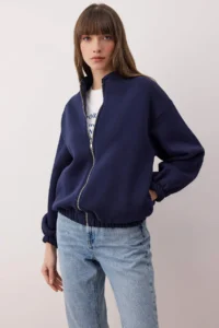 TRENDYOLMİLLA NAVY BLUE Zippered Oversized/Wide Pattern Thick Inside Fleece Knitting Cardigan/Sweatshirt