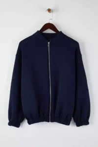 TRENDYOLMİLLA NAVY BLUE Zippered Oversized/Wide Pattern Thick Inside Fleece Knitting Cardigan/Sweatshirt - Image 5