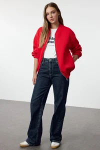 TRENDYOLMİLLA Red Zippered Oversized/Wide Pattern Thick Fleece Inside Knitting Cardigan/Sweatshirt