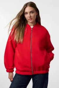 TRENDYOLMİLLA Red Zippered Oversized/Wide Pattern Thick Fleece Inside Knitting Cardigan/Sweatshirt - Image 2