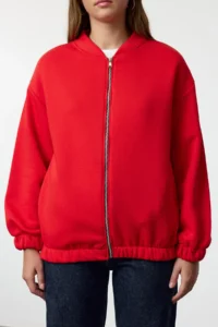TRENDYOLMİLLA Red Zippered Oversized/Wide Pattern Thick Fleece Inside Knitting Cardigan/Sweatshirt - Image 4