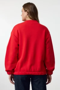 TRENDYOLMİLLA Red Zippered Oversized/Wide Pattern Thick Fleece Inside Knitting Cardigan/Sweatshirt - Image 5