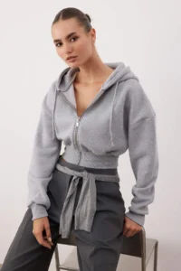 TRENDYOLMİLLA Gray Melange Crop Oversized Knitting Cardigan/Sweatshirt - Image 2