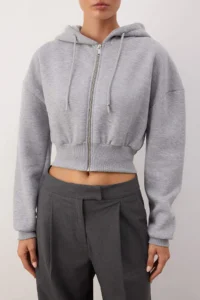TRENDYOLMİLLA Gray Melange Crop Oversized Knitting Cardigan/Sweatshirt - Image 3