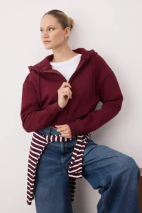 TRENDYOLMİLLA Plum Crop Oversized Knitting Cardigan/Sweatshirt