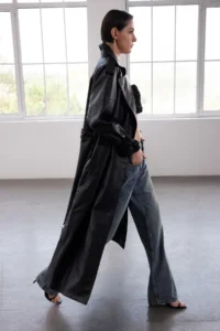TRENDYOLMİLLA Black Arched Faux Leather Oversized LONG Trench Coat - Image 2